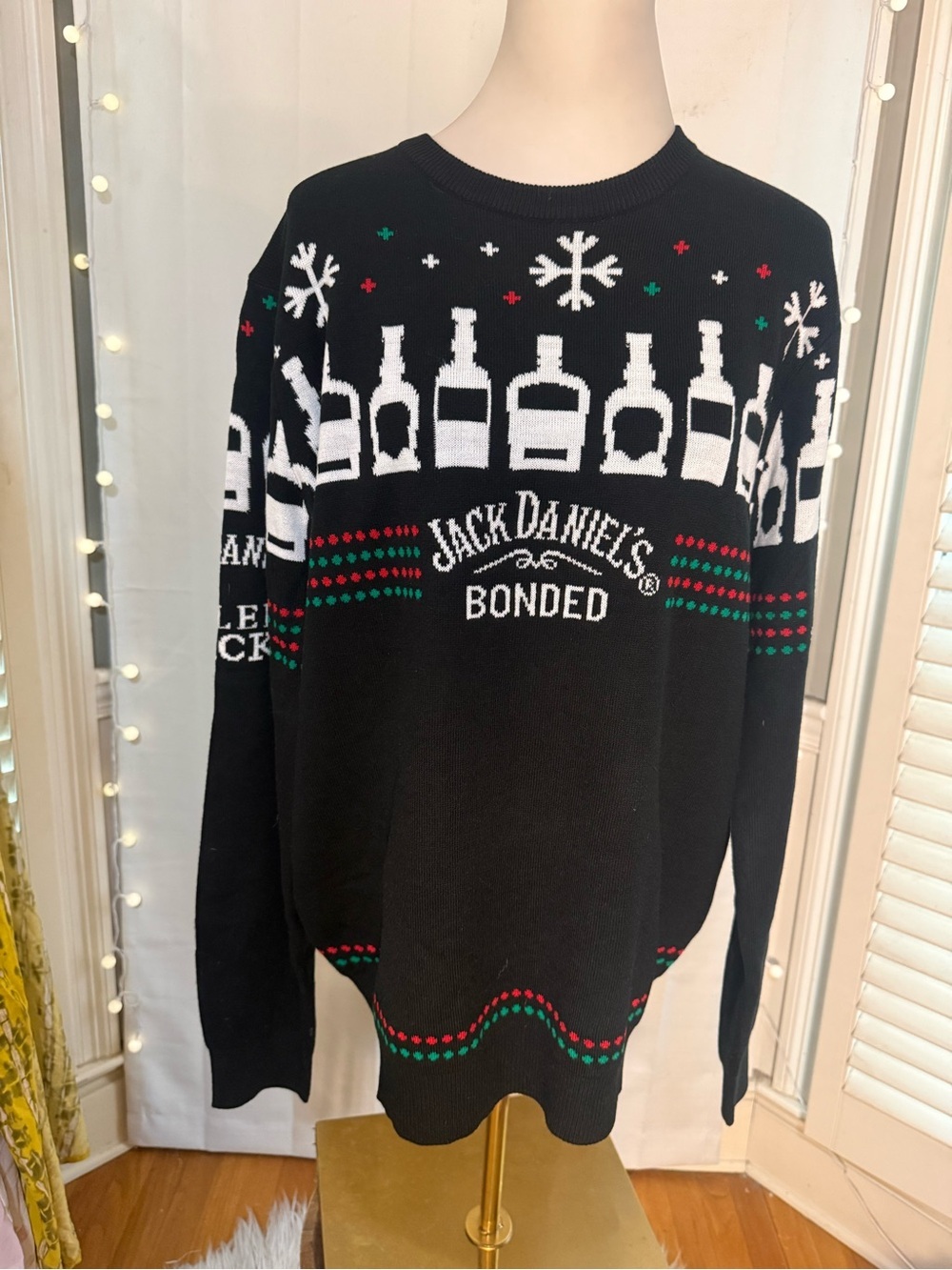Jack Daniels Ugly Christmas Sweater XL Black Whiskey Bottle Knit Holiday